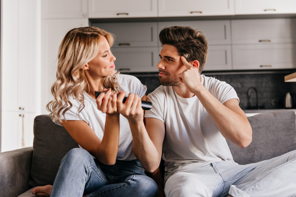 Ζευγάρι σε διαφωνία στον καναπέ στο σπίτι, με ένταση και δυσκολία στην επικοινωνία.