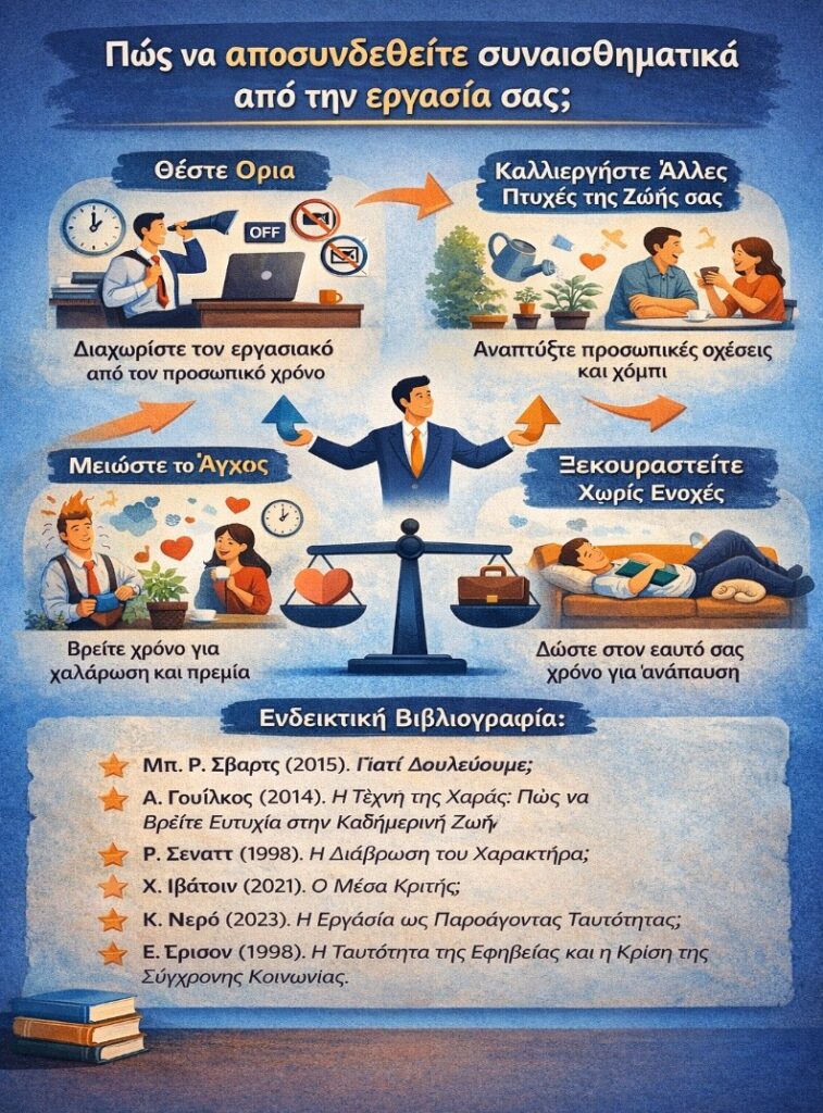Infographic στα ελληνικά για τη συναισθηματική αποσύνδεση από την εργασία, με όρια, μείωση άγχους, ξεκούραση και ισορροπία προσωπικής ζωής.