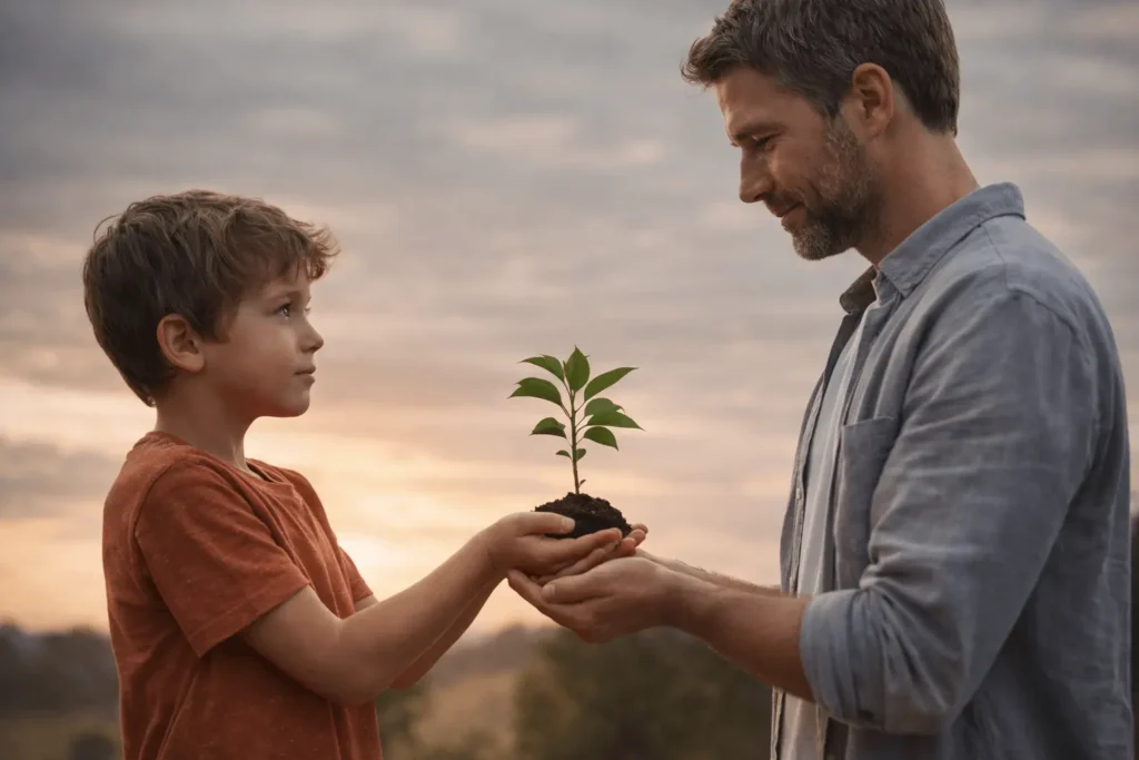 Παιδί προσφέρει ένα μικρό φυτό στην ενήλικη εκδοχή του, συμβολίζοντας την ανάπτυξη, τη θεραπεία και τη συναισθηματική ωρίμανση.
