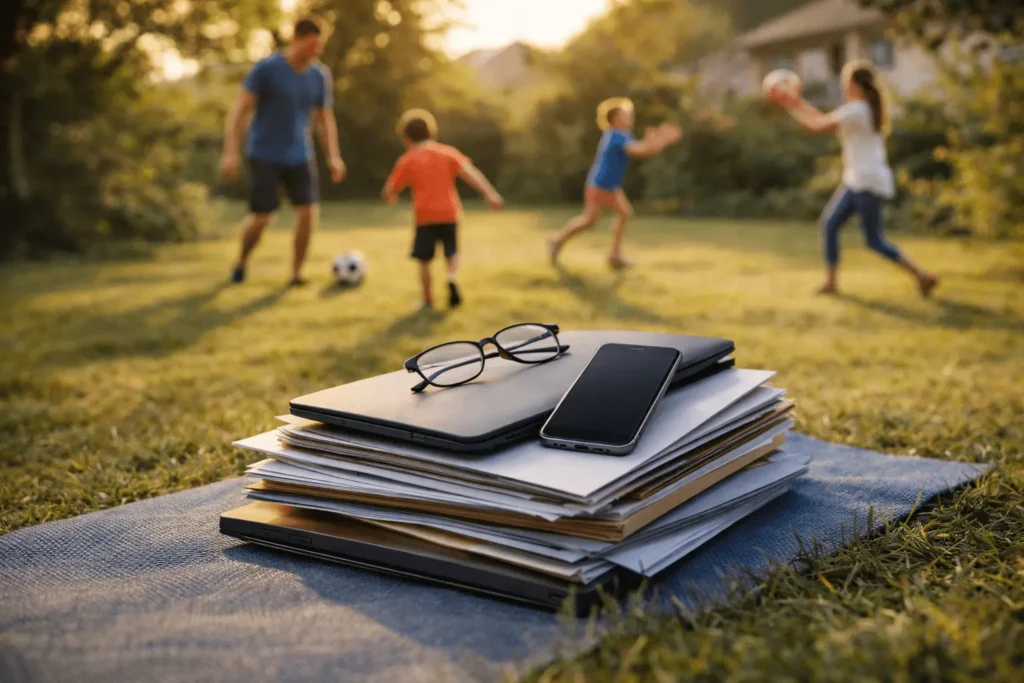 Laptop, κλειστό κινητό και έγγραφα στο προσκήνιο, με οικογένεια να παίζει στο βάθος, συμβολίζοντας την ισορροπία εργασίας και προσωπικής ζωής.